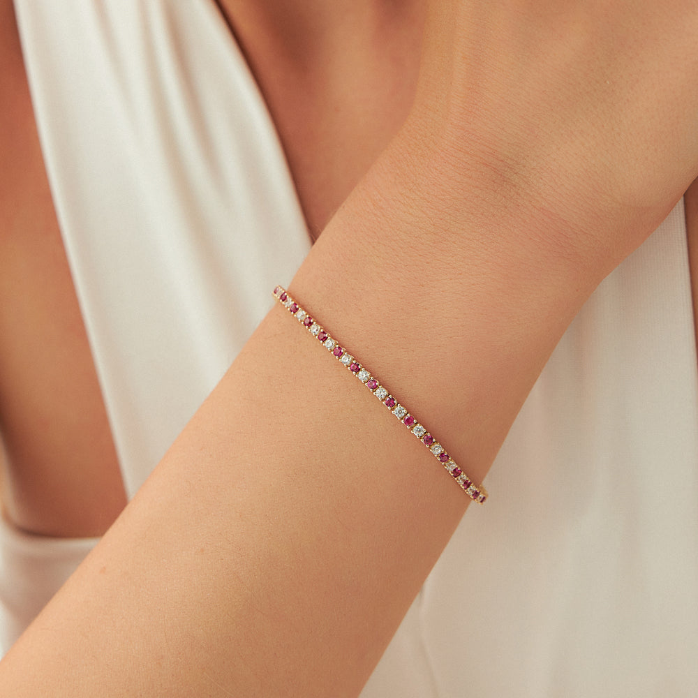 14k Prong Setting Diamond and Ruby Tennis Bracelet - GeumJewels