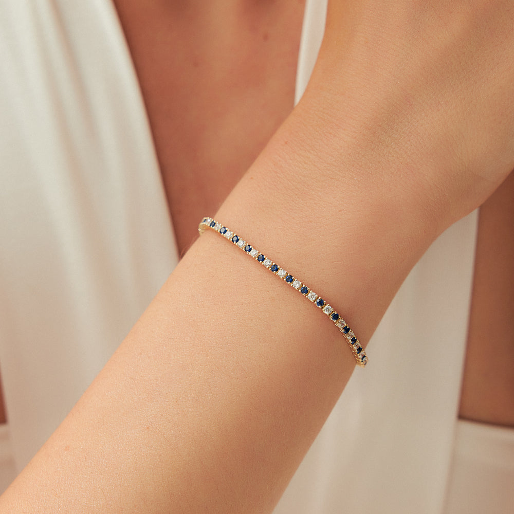 14k Prong Setting Diamond and Sapphire Tennis Bracelet - GeumJewels