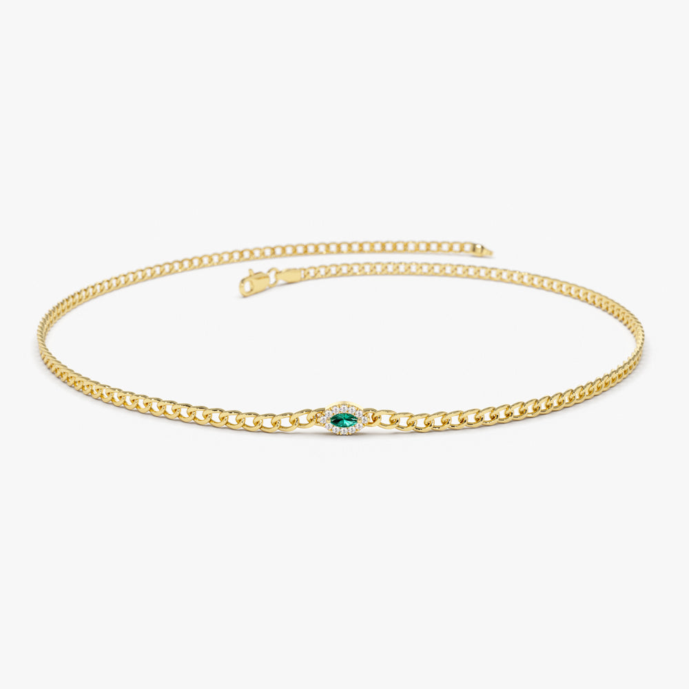14k 2MM Curb Link Marquise Emerald Bracelet - GeumJewels