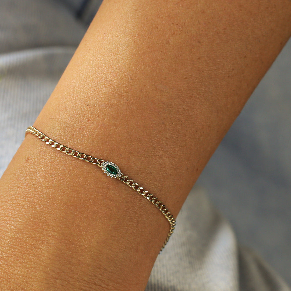 14k 2MM Curb Link Marquise Emerald Bracelet - GeumJewels