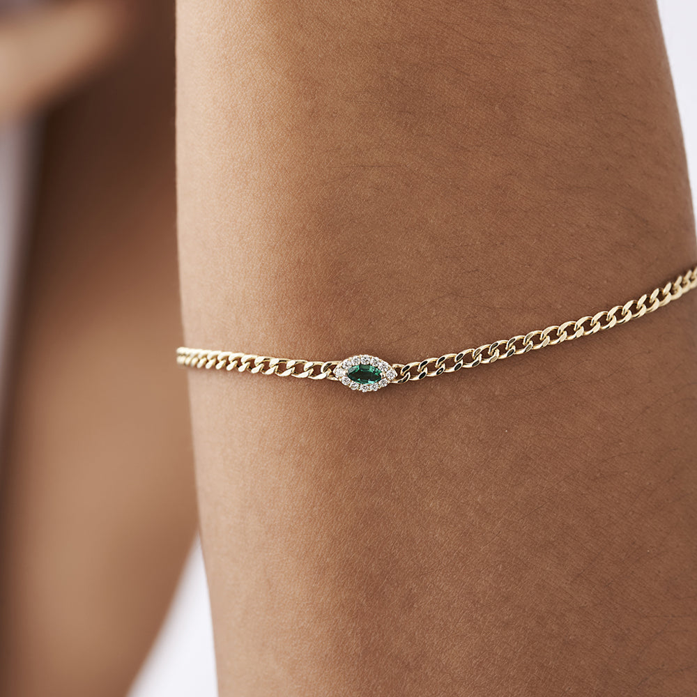 14k 2MM Curb Link Marquise Emerald Bracelet - GeumJewels