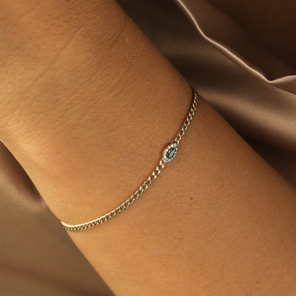 14k 2MM Curb Link Marquise Emerald Bracelet - GeumJewels