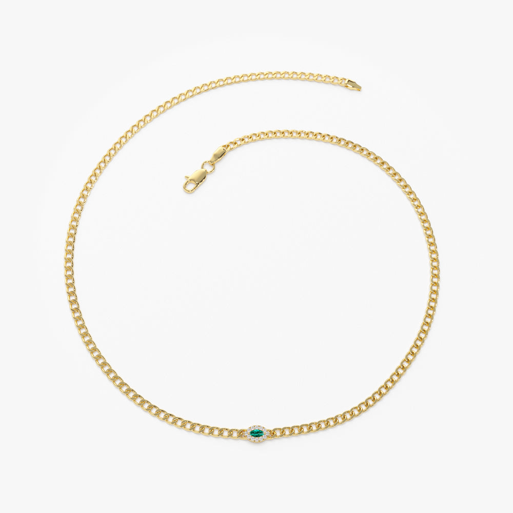 14k 2MM Curb Link Marquise Emerald Bracelet - GeumJewels