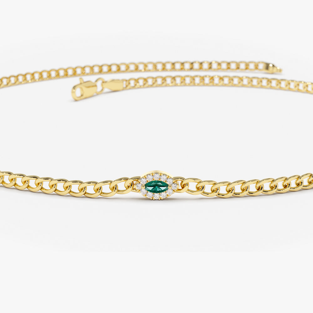 14k 2MM Curb Link Marquise Emerald Bracelet - GeumJewels