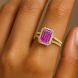 Halo Set Emerald Shaped Pink Sapphire Split Shank Ring with Accent Diamonds
