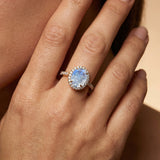 Oval Solitaire Moonstone Halo Diamond Engagement Ring
