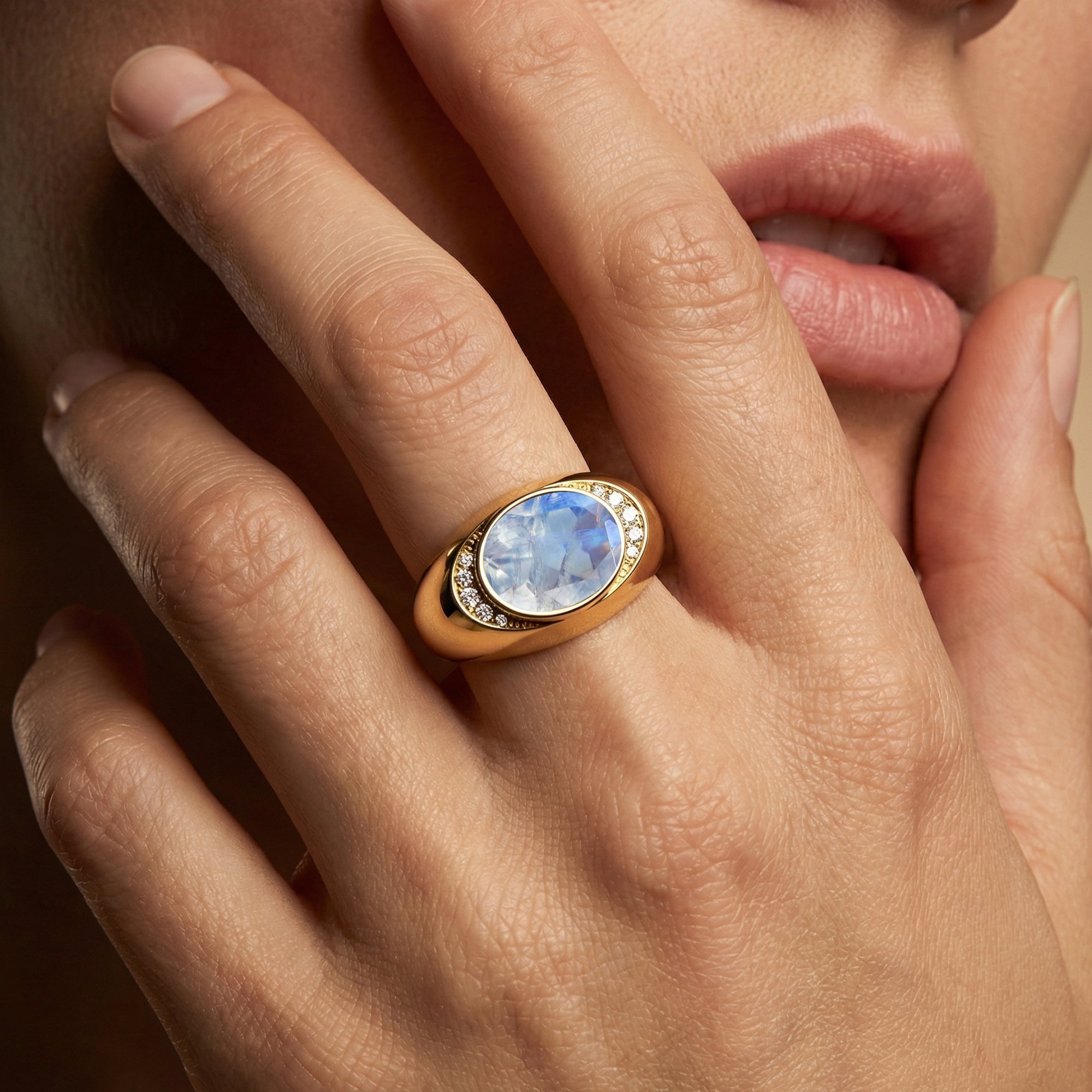 Classic Dome Shaped Diamond Oval Cut Moonstone Ring - GeumJewels