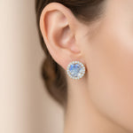 Round Solitaire Moonstone Halo Diamond Stud Earrings - GeumJewels