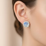 Round Solitaire Moonstone Halo Diamond Stud Earrings - GeumJewels