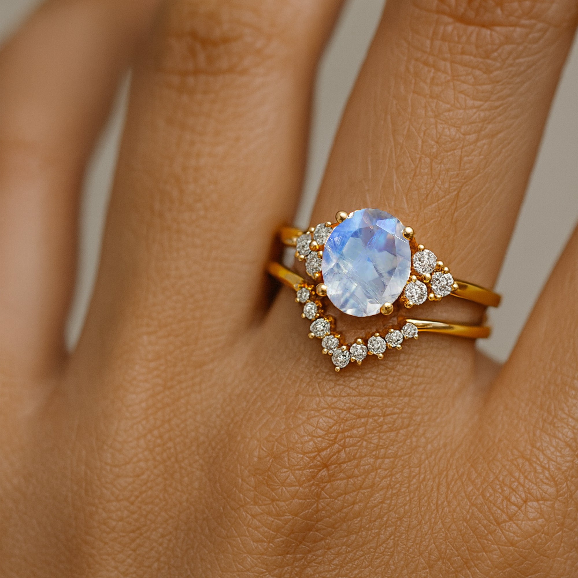 Rainbow Moonstone Gold Ring with Stackable Diamond Band - GeumJewels