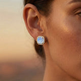 Cushion Cut Moonstone Halo Diamond Stud Earrings