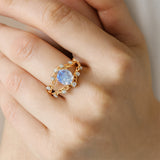 Flower Inspired Ring with Oval Shaped Moonstone and Accent Diamonds - GeumJewels