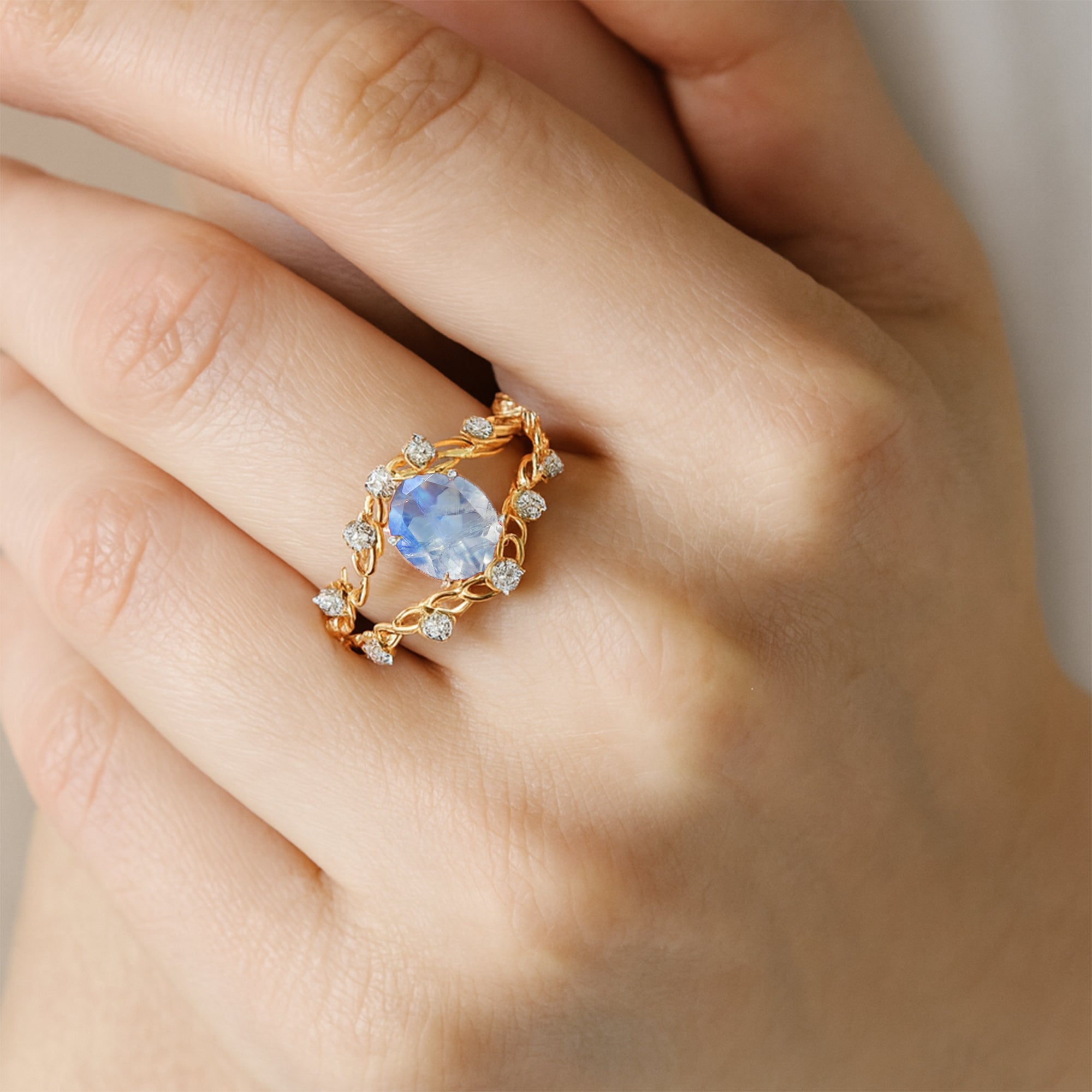 Flower Inspired Ring with Oval Shaped Moonstone and Accent Diamonds - GeumJewels