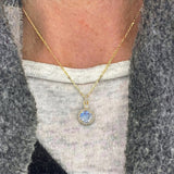 Classic Solitaire Round Moonstone Halo Diamond Dangle Pendant