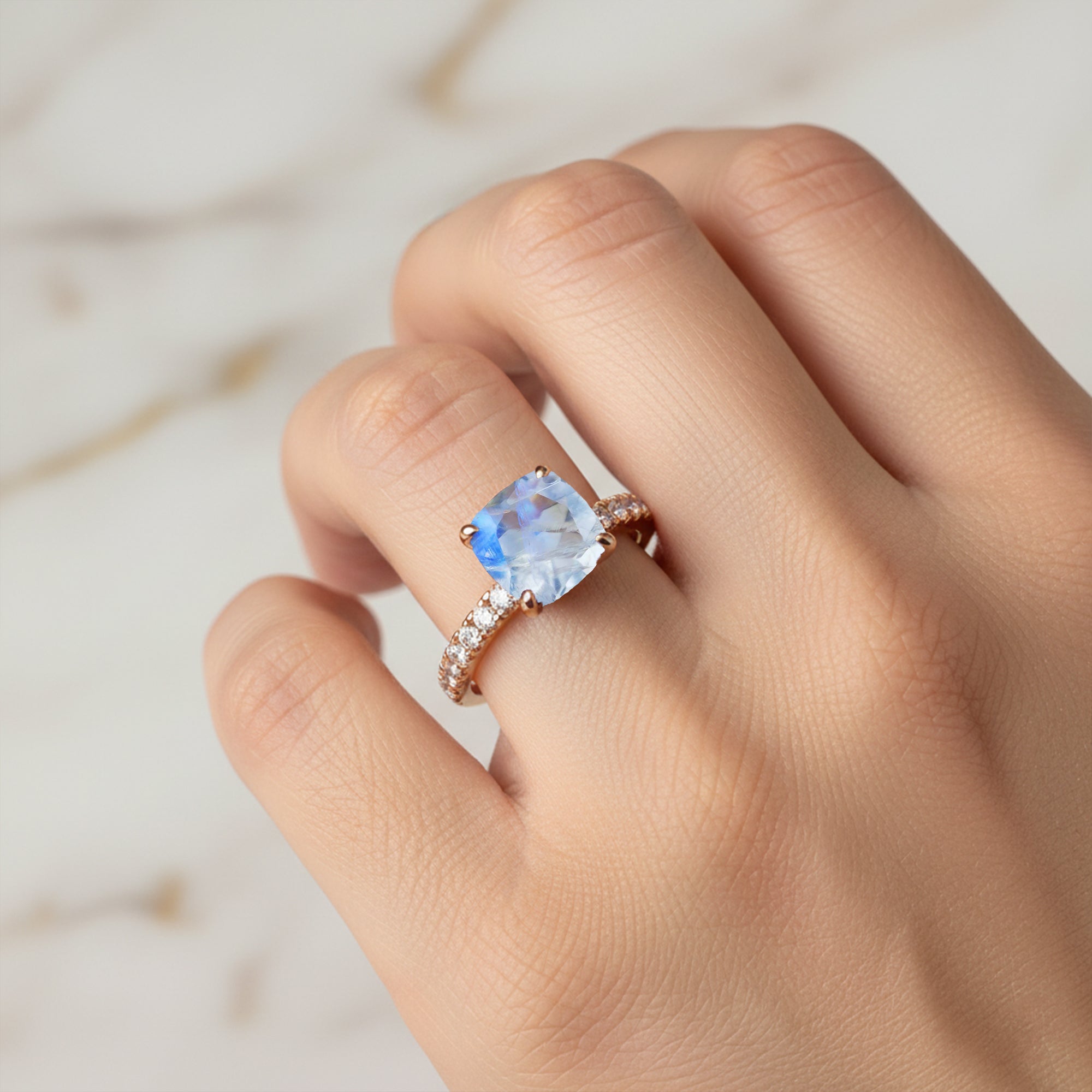 Moonstone Square Cushion Under Halo Diamonds Thin Ring with Diamond Band - GeumJewels