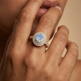 Triple Halo Diamond Oval Cut Moonstone Cocktail Ring