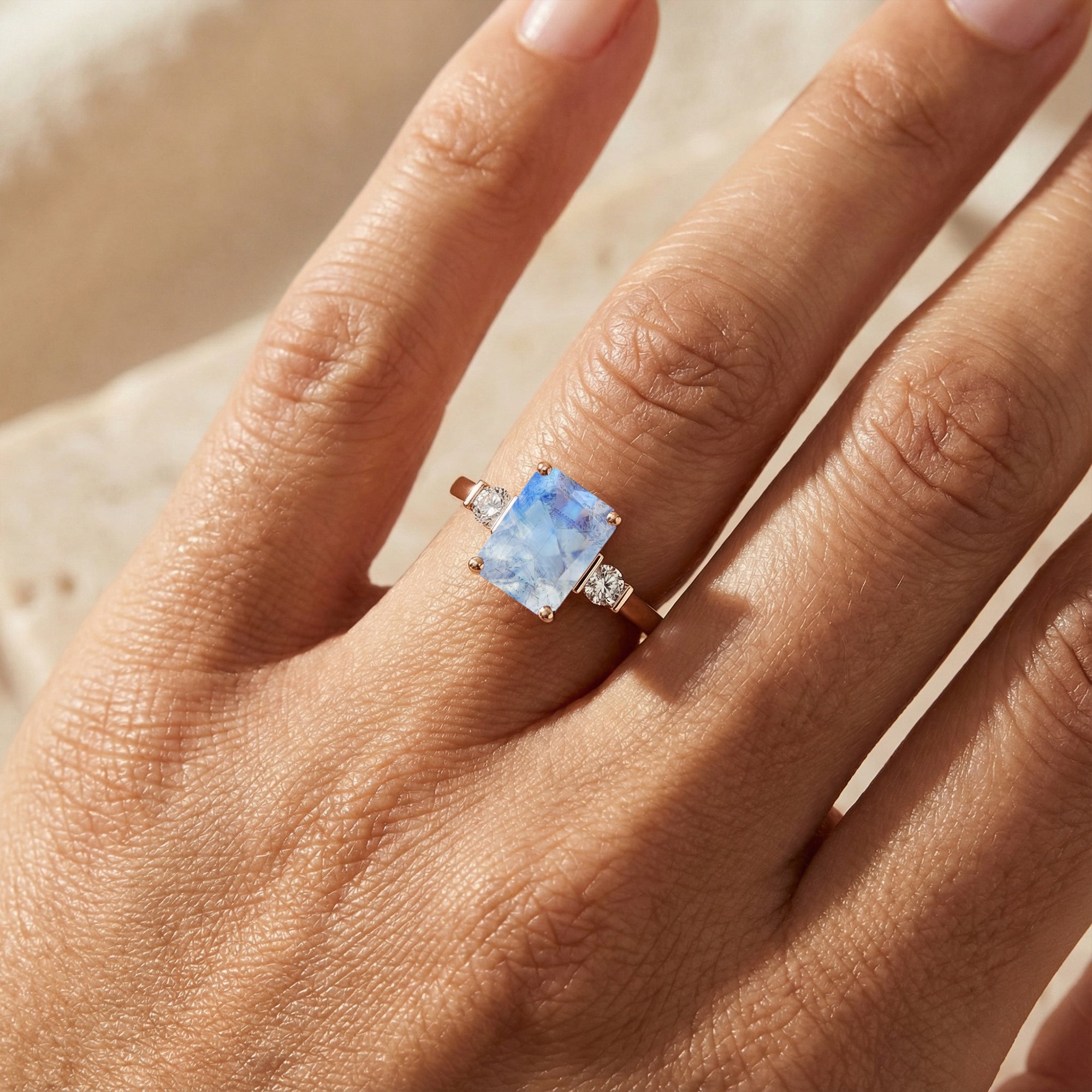 Emerald Cut Moonstone and Diamond Three Stone Ring - GeumJewels