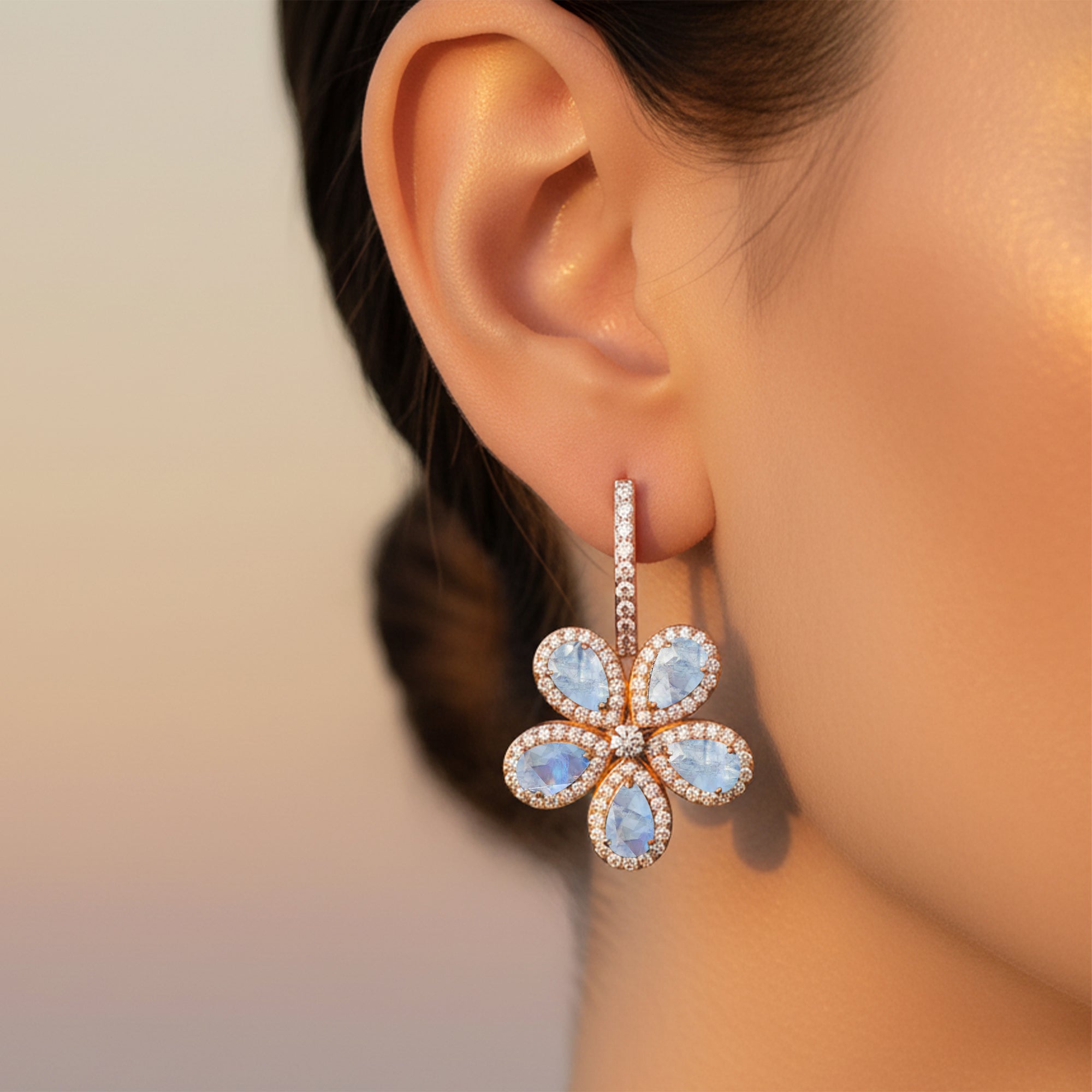 Pear Shaped Moonstone Flower Diamond Leverback Earrings - GeumJewels