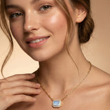 Emerald Cut Moonstone Halo Set Diamond Necklace