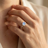 Moonstone Square Cushion Under Halo Diamonds Thin Ring with Diamond Band - GeumJewels
