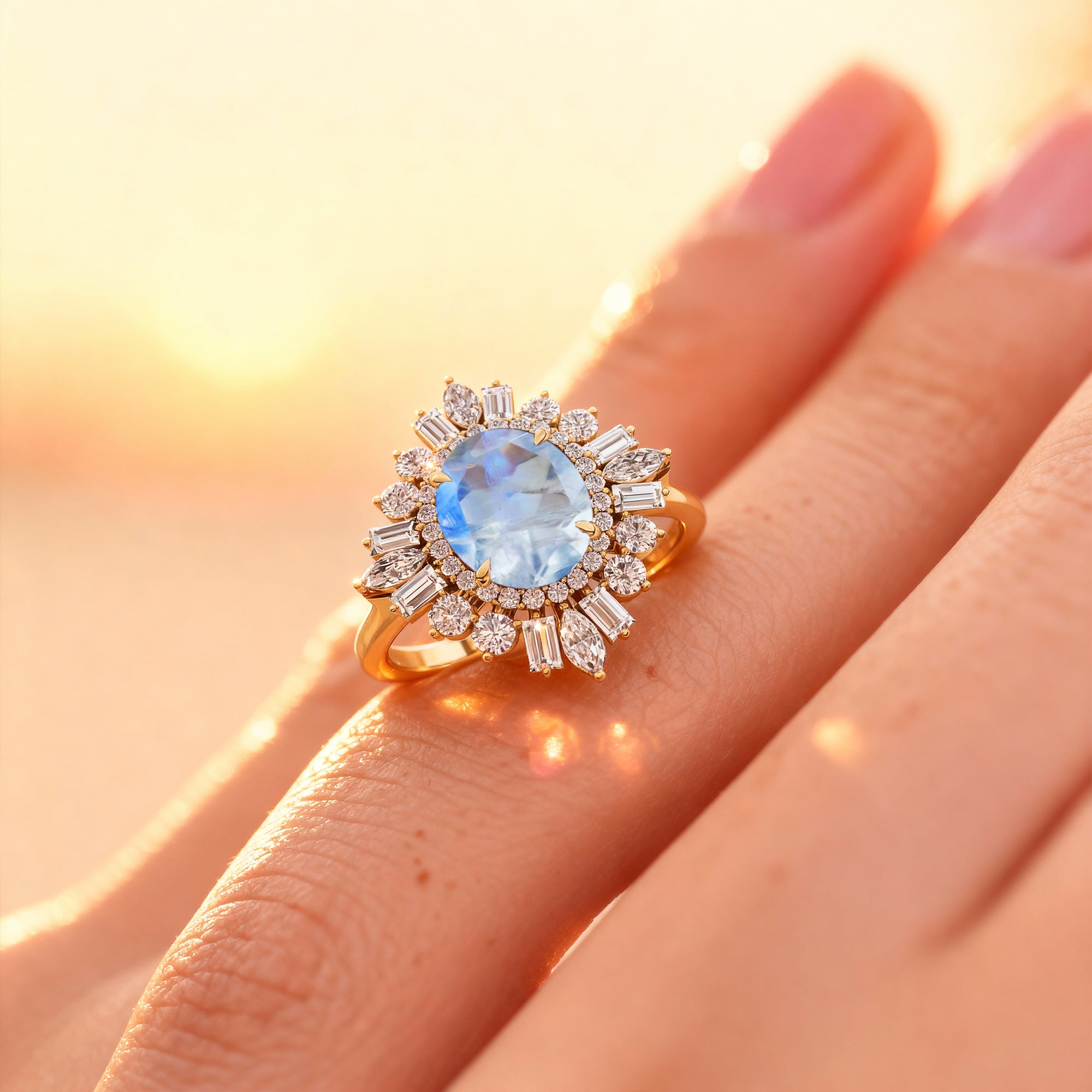 Oval Solitaire Moonstone Baguette and Round Diamond Cocktail Ring - GeumJewels