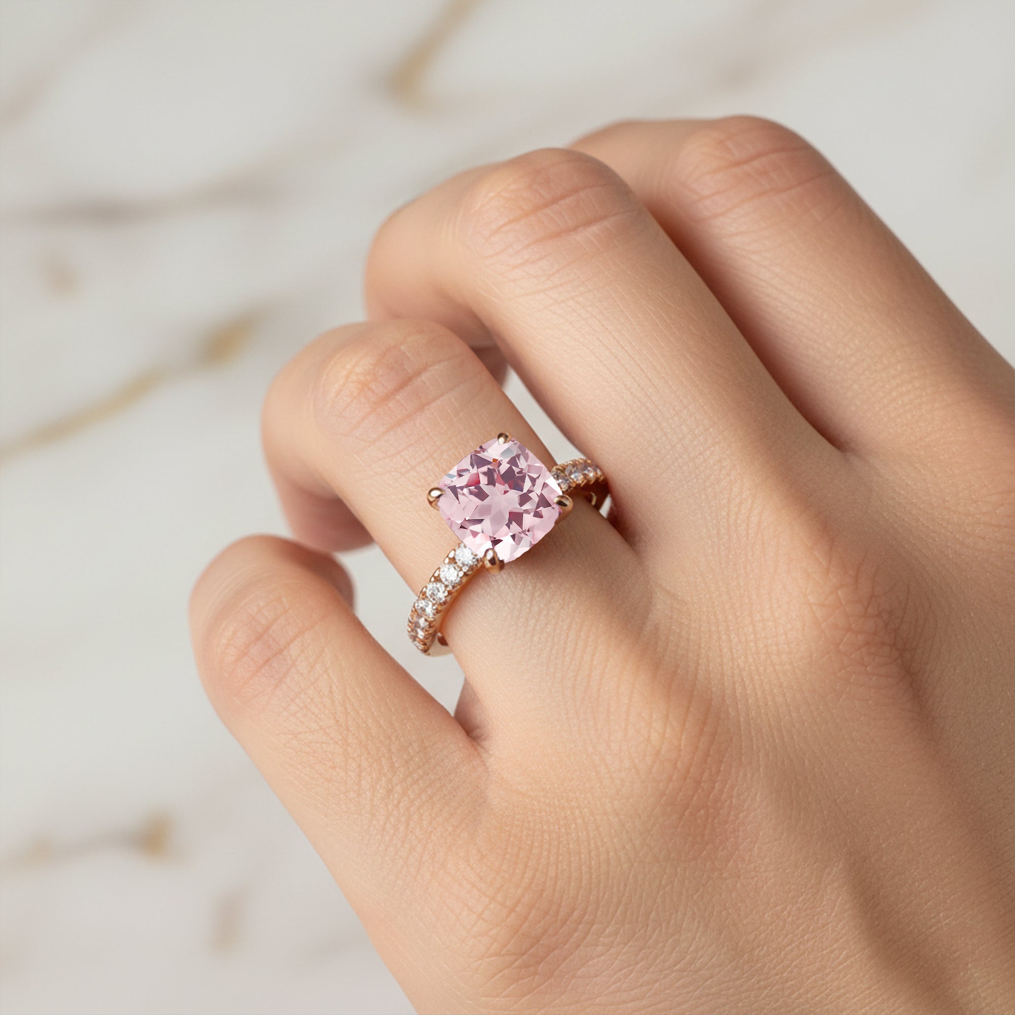 Morganite Square Cushion Under Halo Diamonds Thin Ring with Diamond Band - GeumJewels
