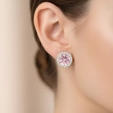 Round Solitaire Morganite Halo Diamond Stud Earrings - GeumJewels