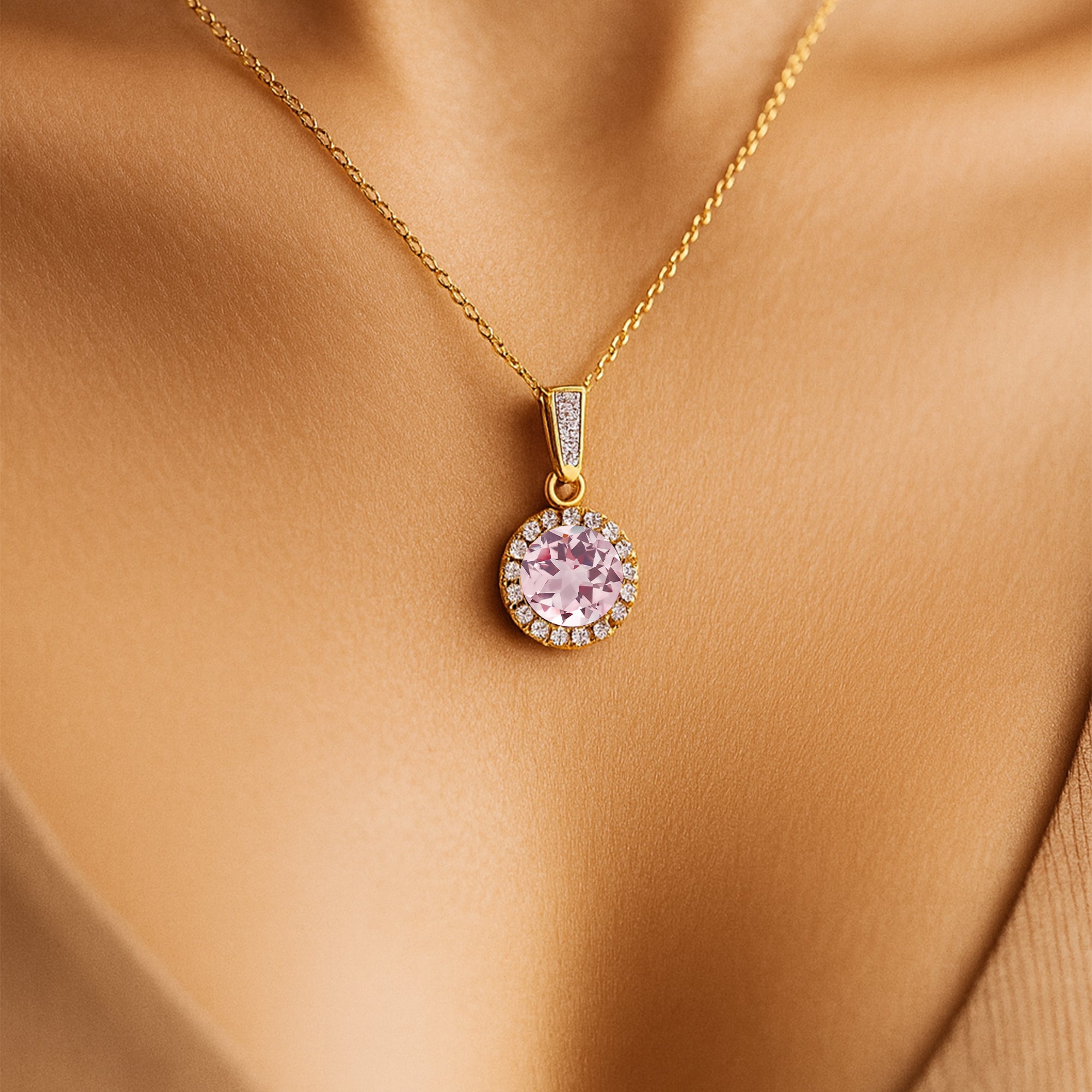Dainty Round Solitaire Halo Diamond Morganite Pendant - GeumJewels