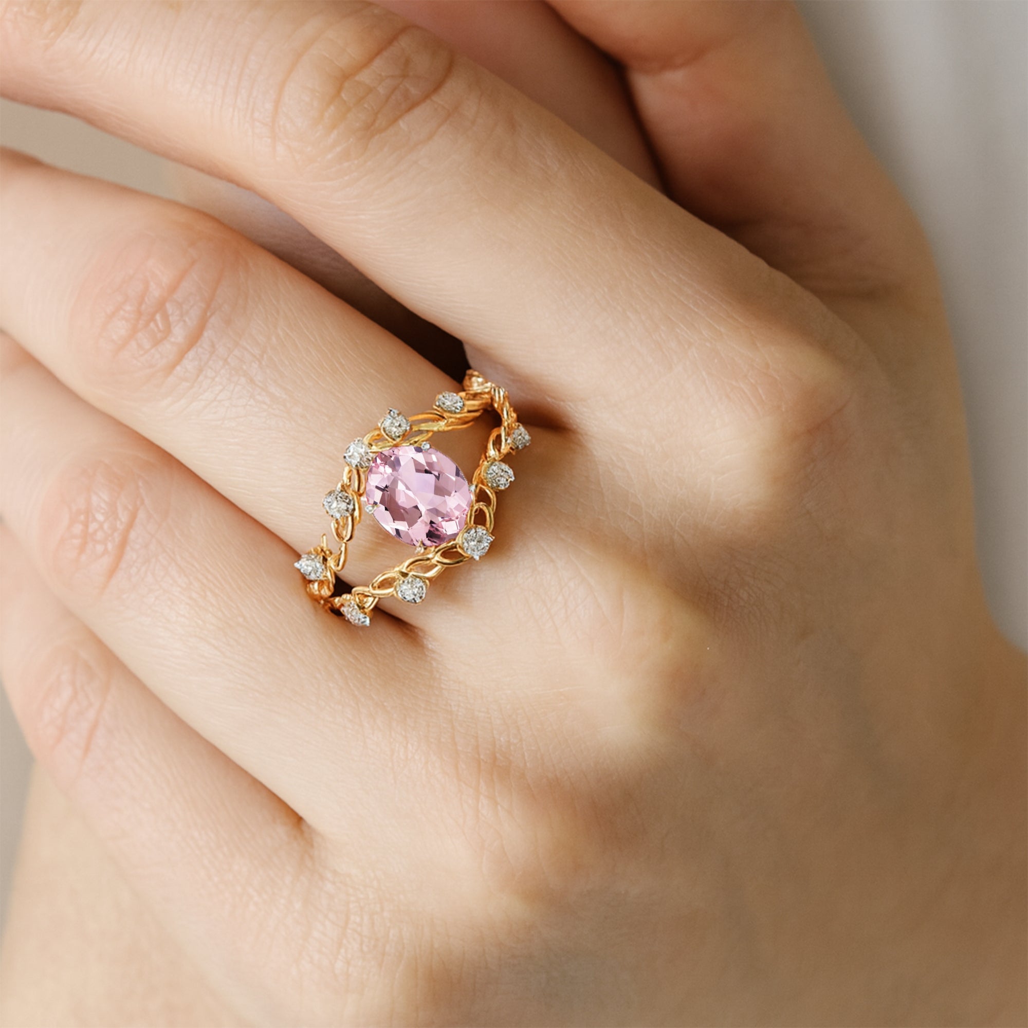 Flower Inspired Ring with Oval Shaped Morganite and Accent Diamonds - GeumJewels