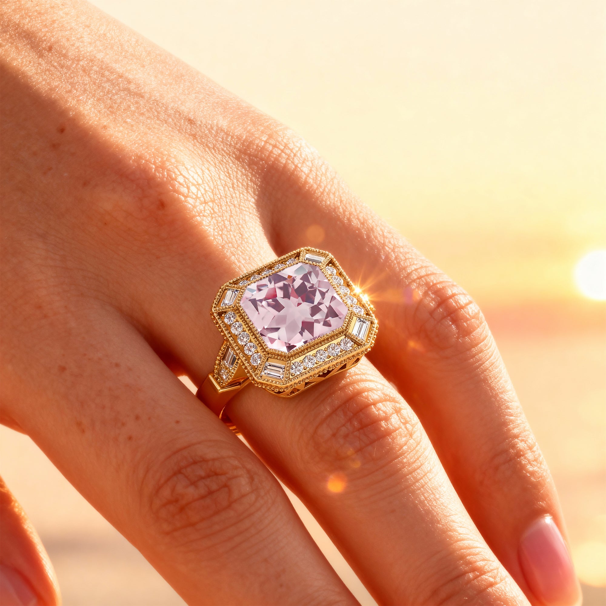 Vintage Style Square Cut Morganite Diamond Ring - GeumJewels