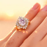 Oval Solitaire Morganite Baguette and Round Diamond Cocktail Ring - GeumJewels