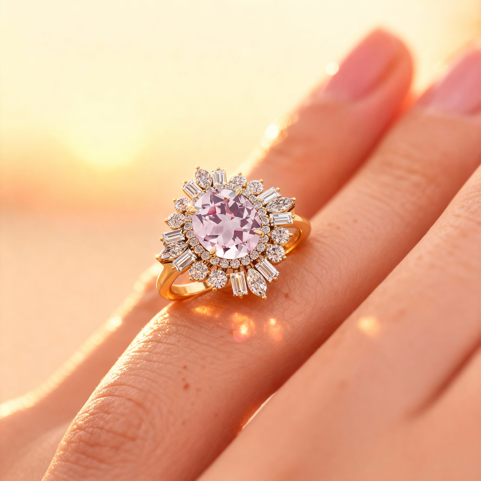Oval Solitaire Morganite Baguette and Round Diamond Cocktail Ring - GeumJewels