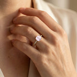 Morganite Square Cushion Under Halo Diamonds Thin Ring with Diamond Band - GeumJewels