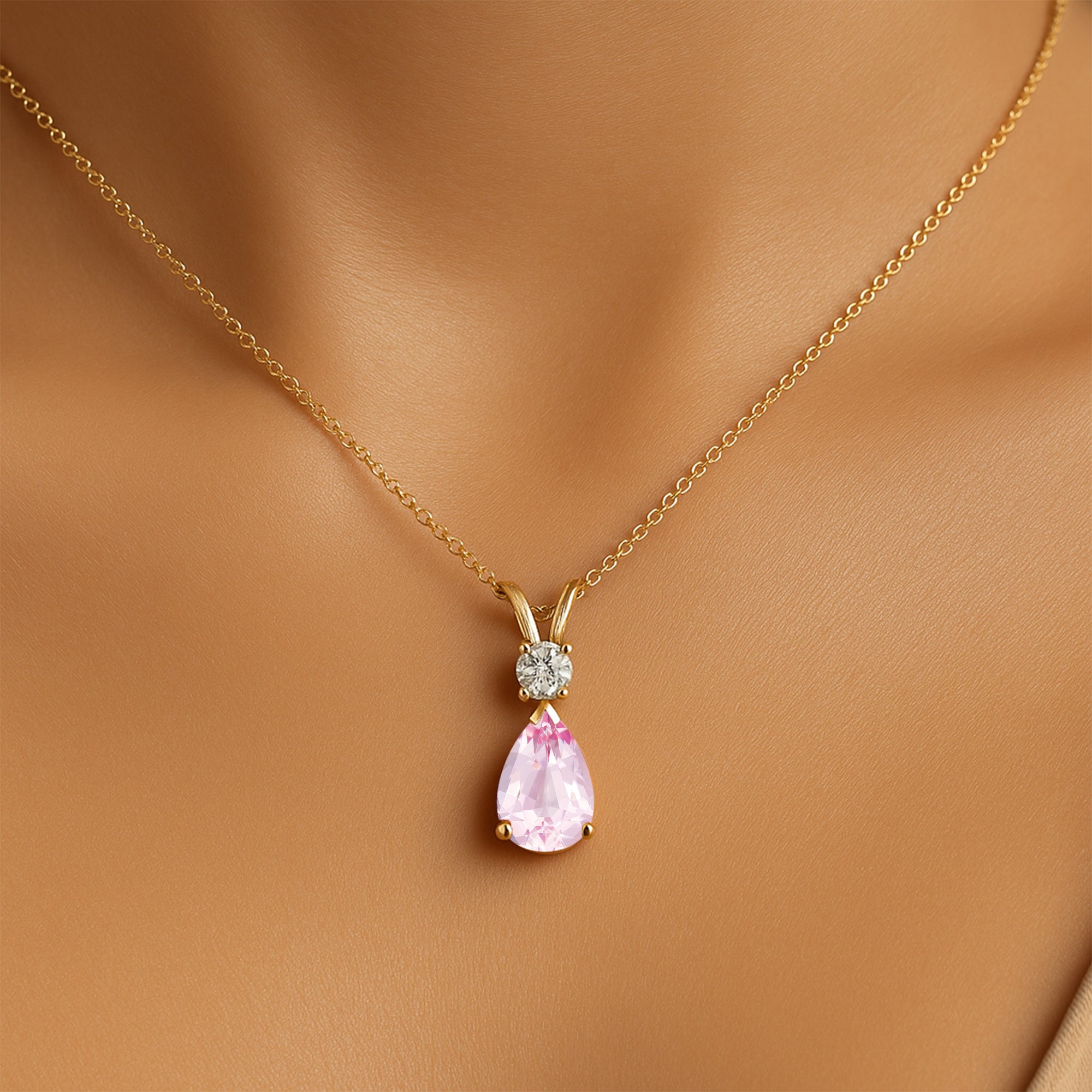 Morganite Teardrop Pendant with Solitaire Diamond - GeumJewels