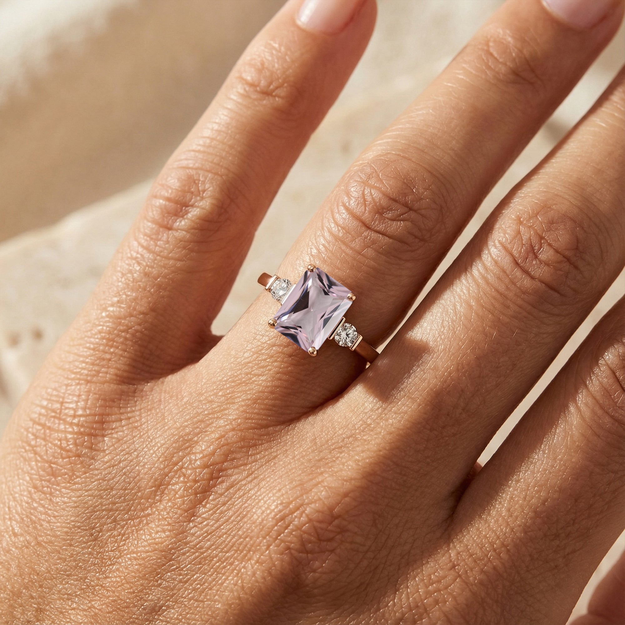 Emerald Cut Morganite and Diamond Three Stone Ring - GeumJewels
