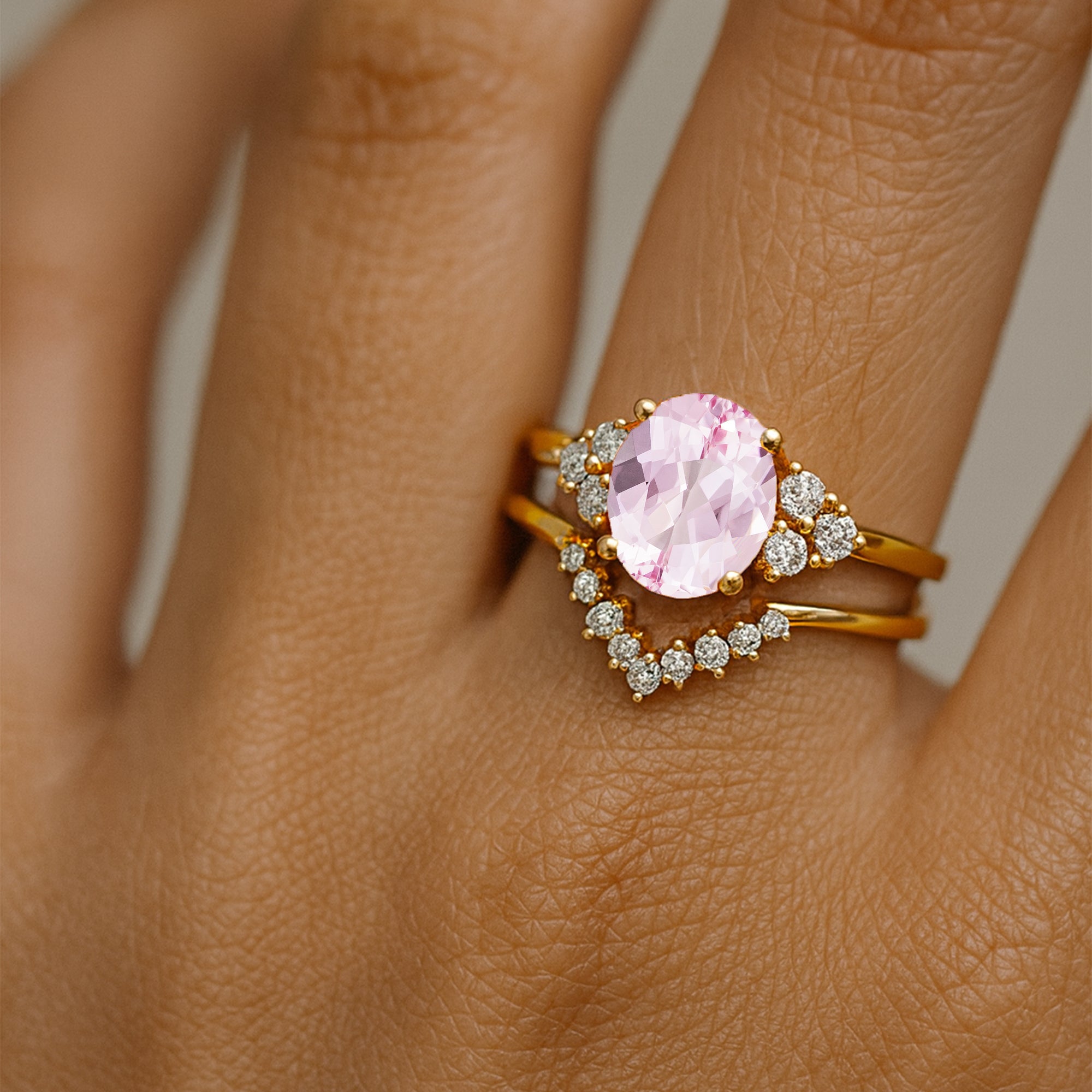 Morganite Gold Ring With Stackable Diamond Band - GeumJewels