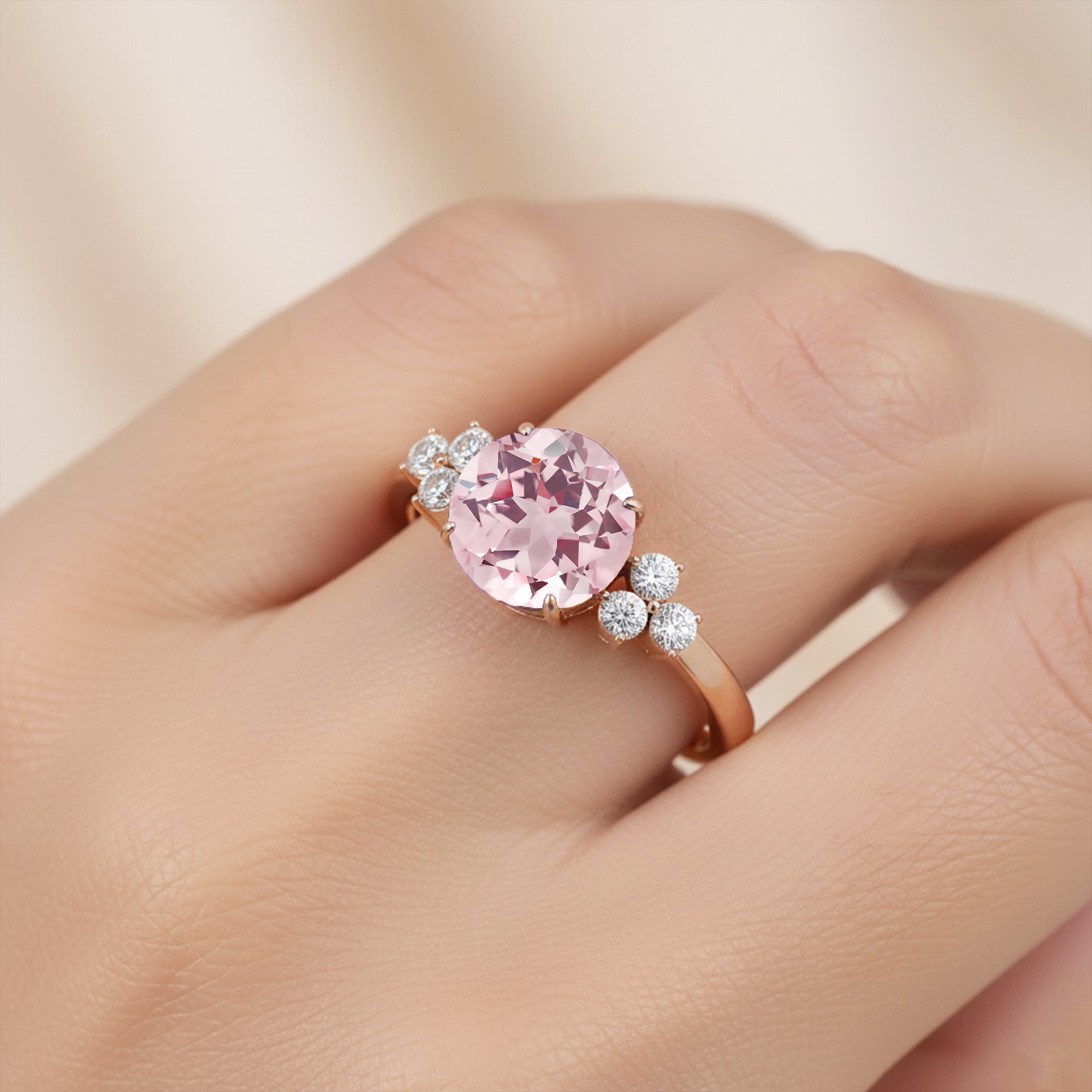 Trio Diamond Engagement Ring with Round Solitaire Morganite - GeumJewels