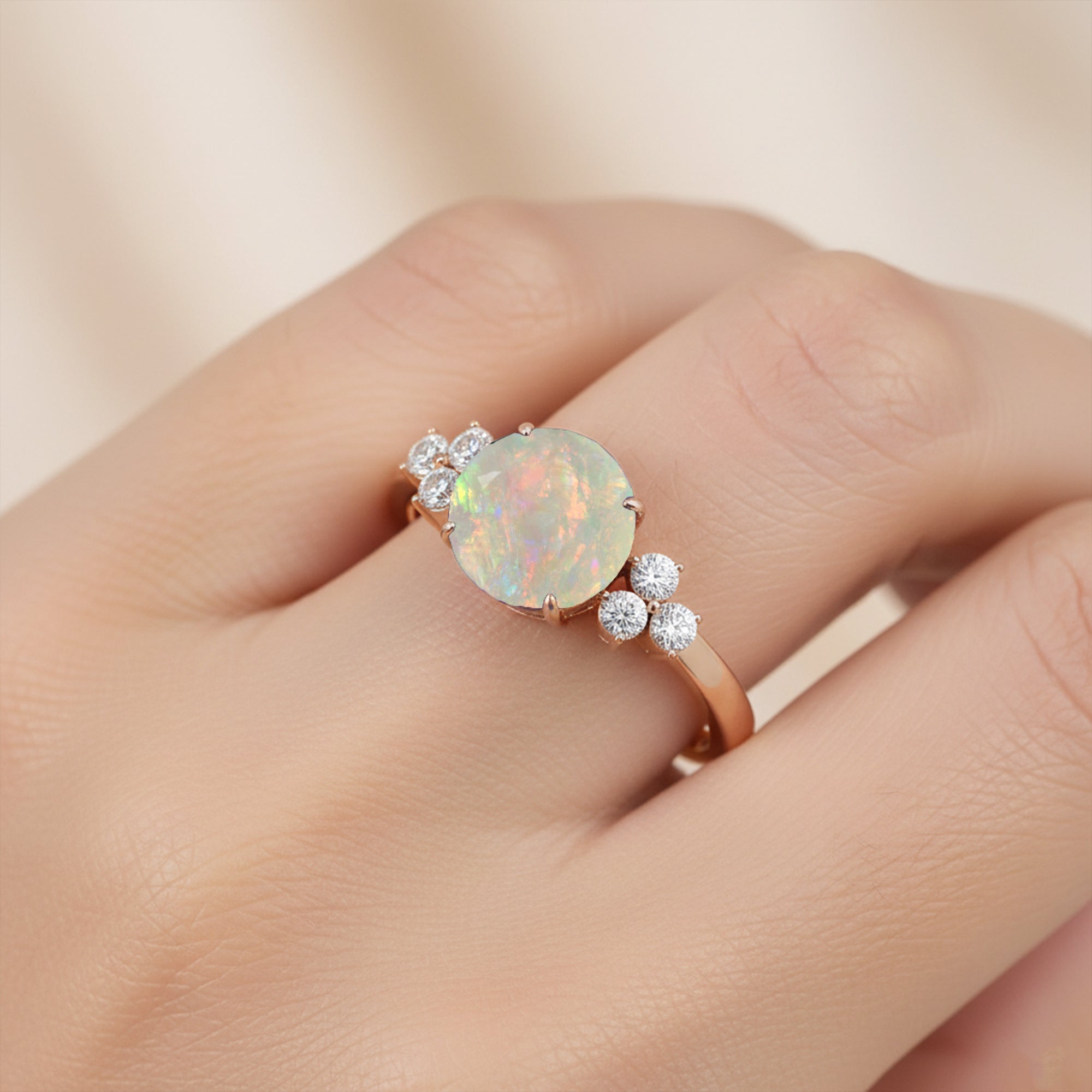 Trio Diamond Engagement Ring with Round Solitaire Opal - GeumJewels