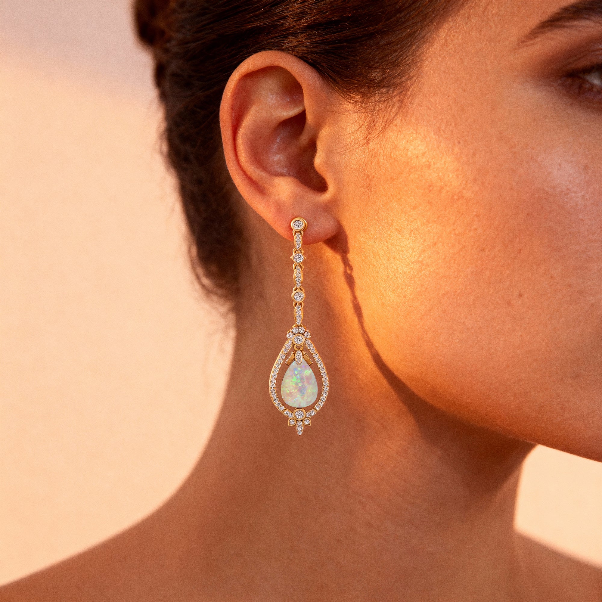 Art Deco Style Pear Shaped Opal Diamond Drop Earrings - GeumJewels