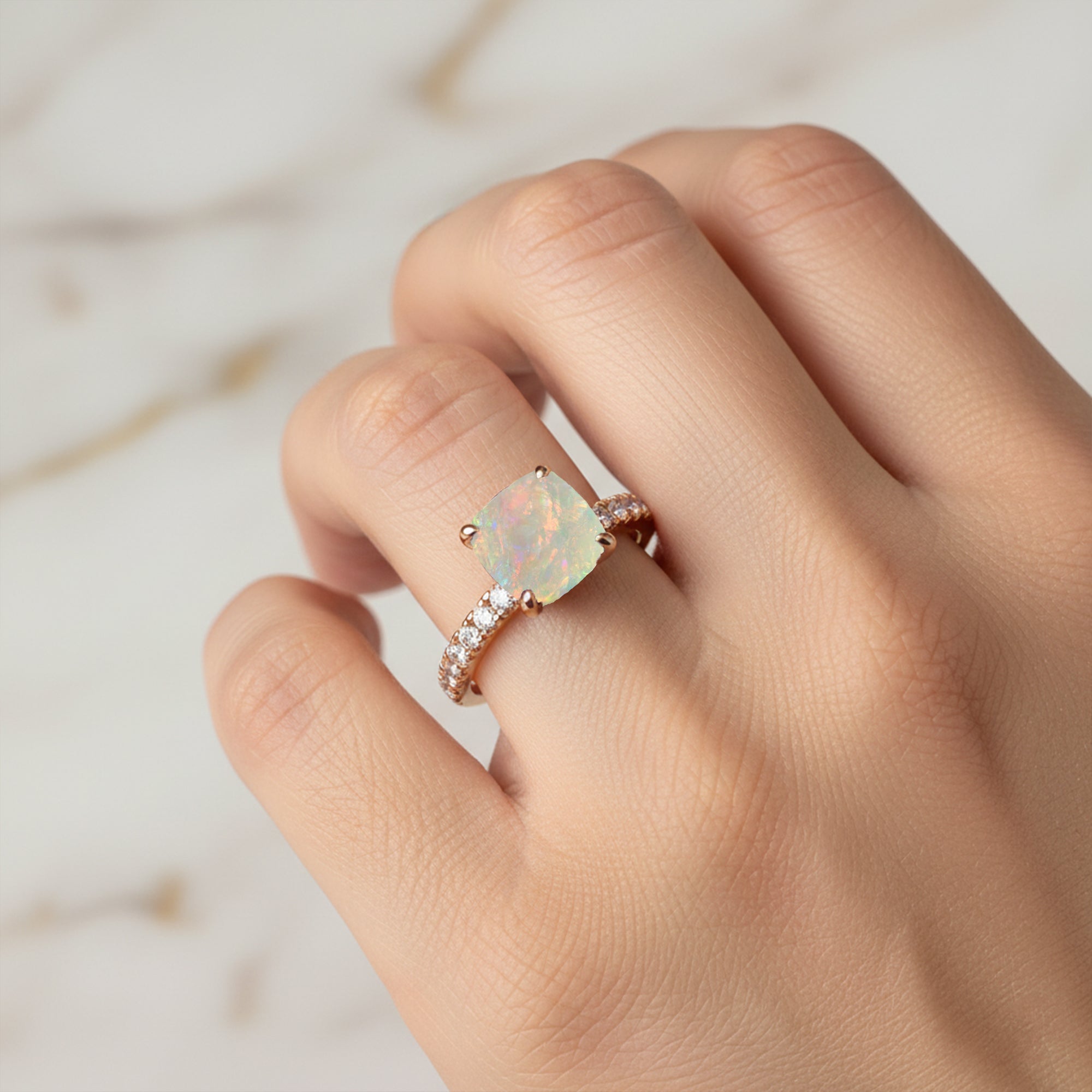 Opal Square Cushion Under Halo Diamonds Thin Ring with Diamond Band - GeumJewels