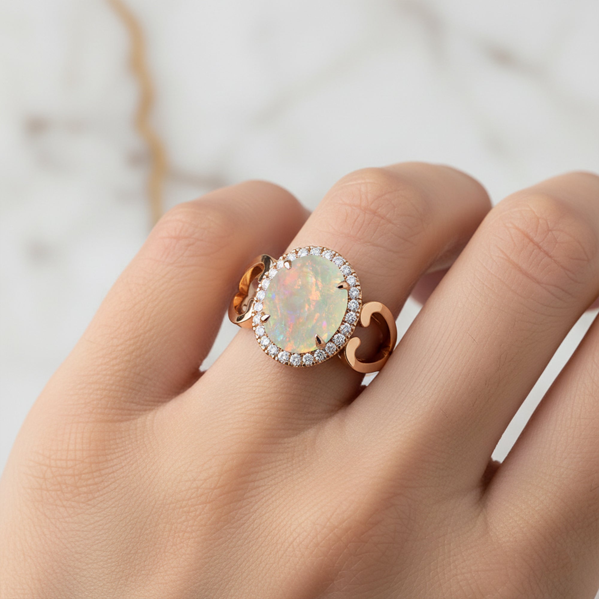 Vintage Love Inspired Oval Opal Halo Diamond Engagement Ring - GeumJewels