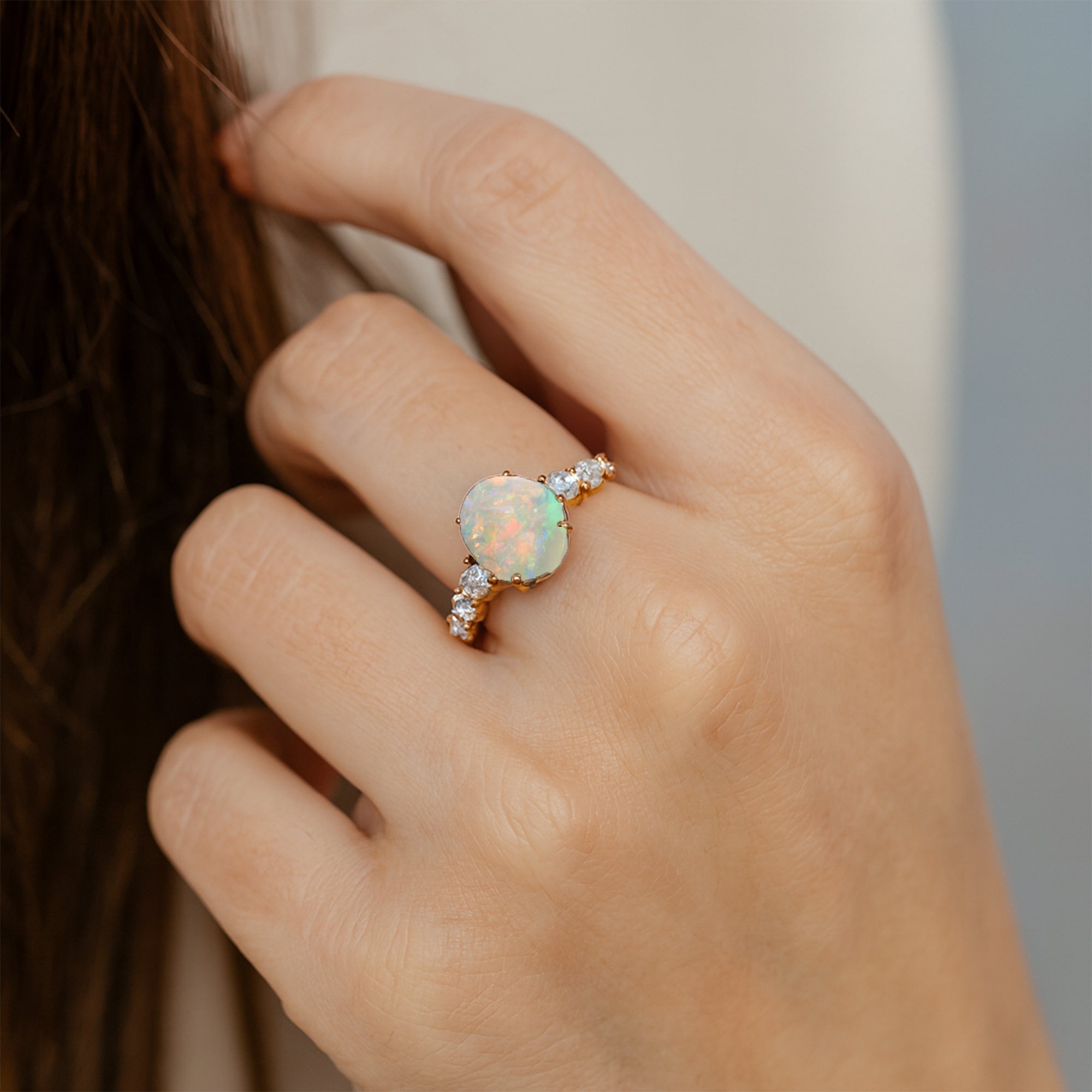 Oval Cut Opal with Graduated Diamonds Ring - GeumJewels