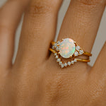 Opal Solitaire Gemstone Ring with Stackable Diamond Band - GeumJewels