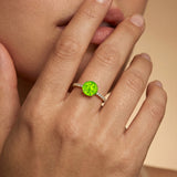 Classic Six Prong Round Solitaire Peridot Ring with Accent Diamond Band
