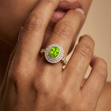 Triple Halo Diamond Oval Cut Peridot Cocktail Ring