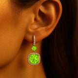 Halo Diamond Cushion Cut Peridot Dangle Earrings - GeumJewels