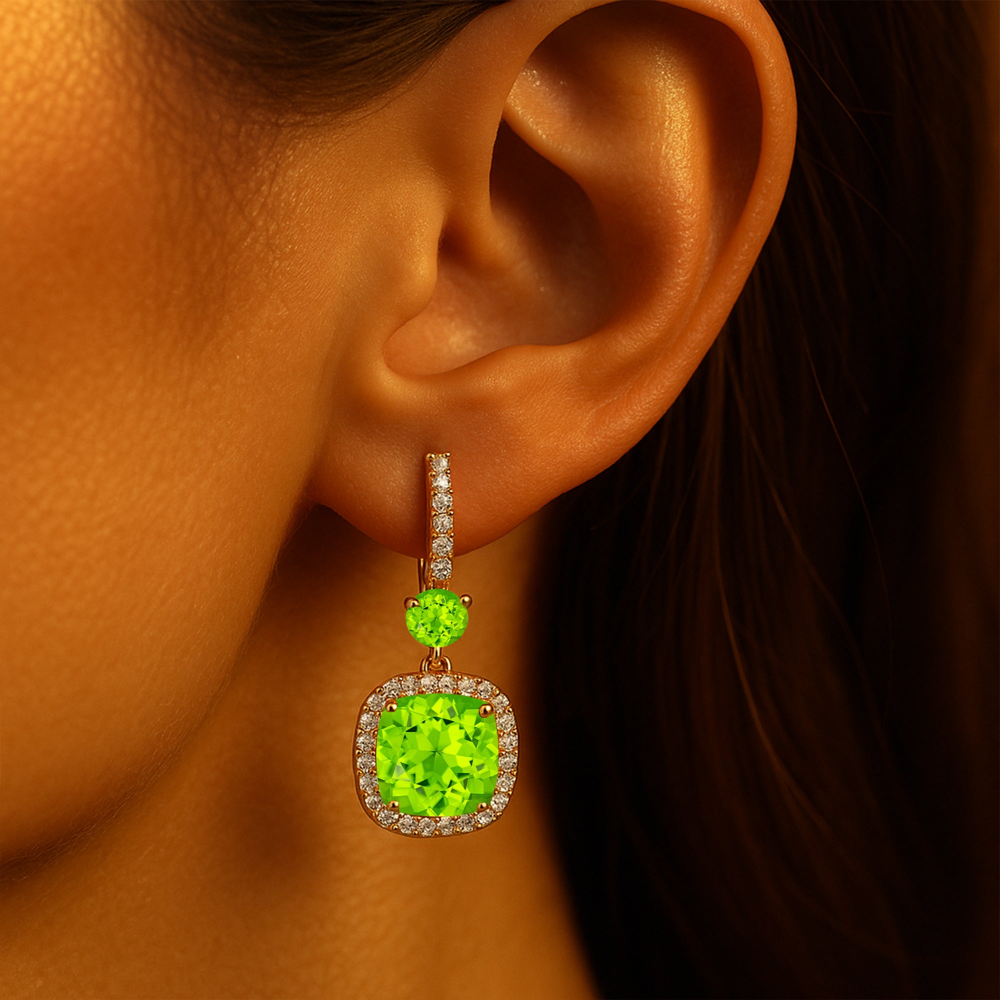 Halo Diamond Cushion Cut Peridot Dangle Earrings - GeumJewels