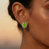 Double Halo Cluster Diamonds Teardrop Peridot Stud Earrings
