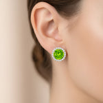 Round Solitaire Peridot Halo Diamond Stud Earrings - GeumJewels