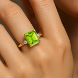 Emerald Cut Peridot and Diamond Three Stone Ring - GeumJewels